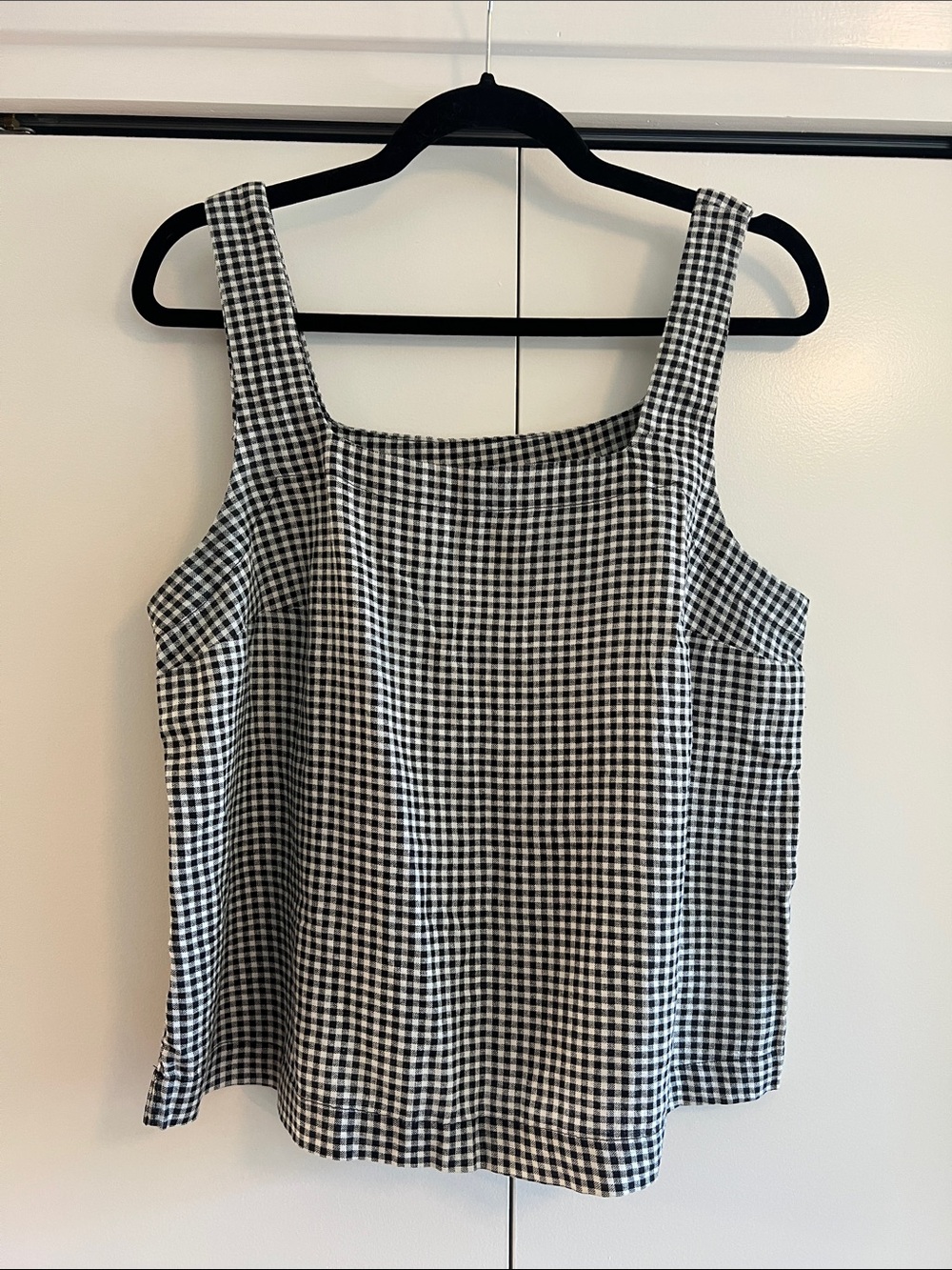 a new day Black and White Gingham Square Neck linen blend top